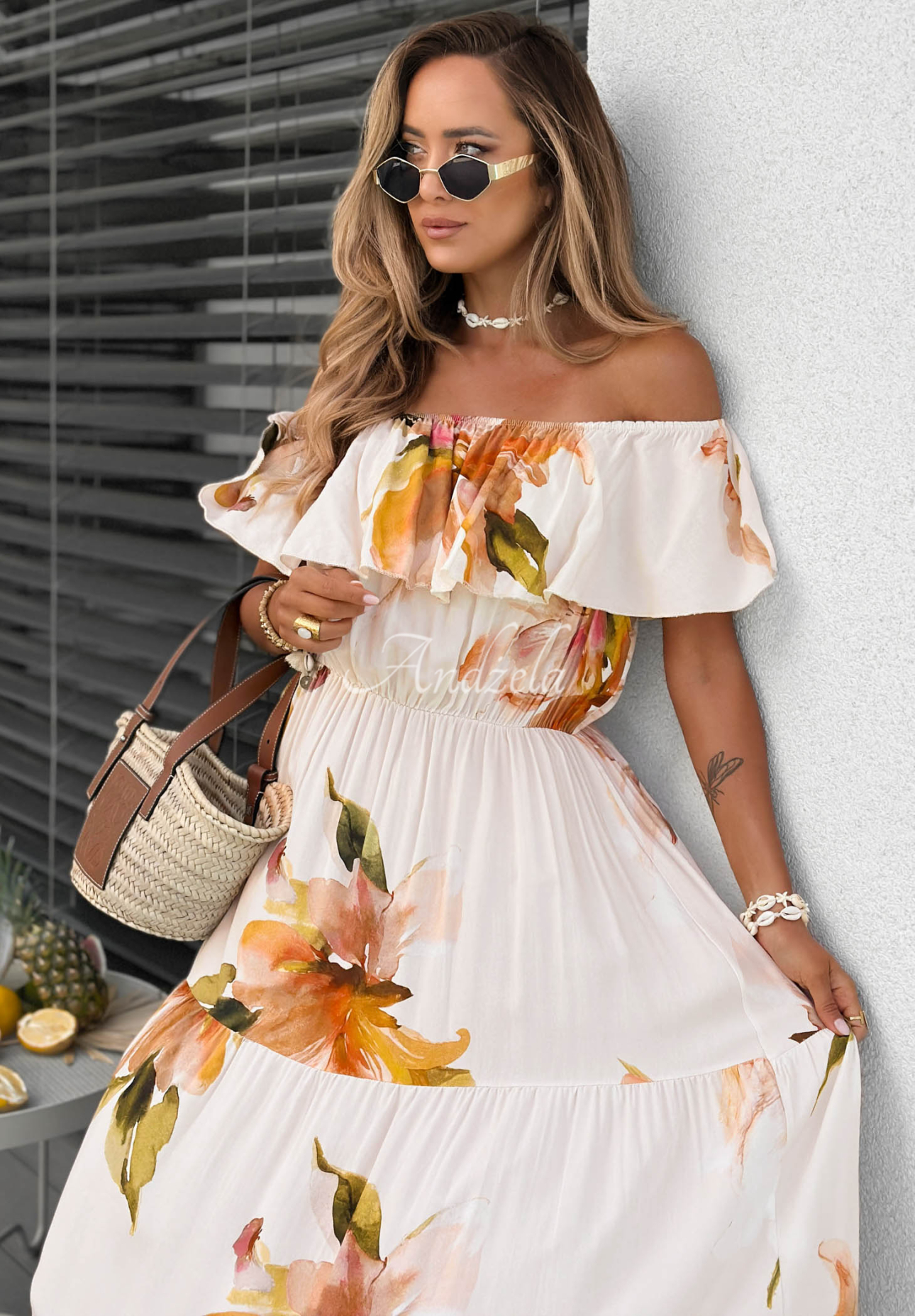 Florissa Light Beige Floral Viscose Off-the-Shoulder Maxi Dress with Ruffles