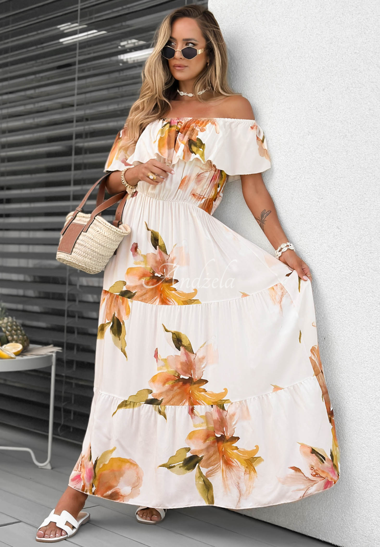 Florissa Light Beige Floral Viscose Off-the-Shoulder Maxi Dress with Ruffles