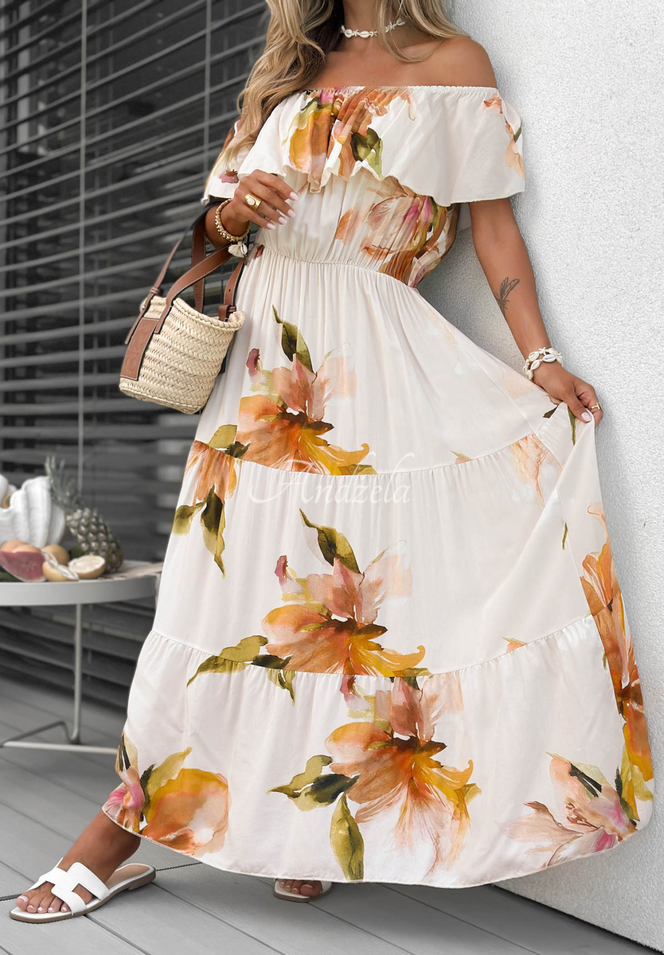 Florissa Light Beige Floral Viscose Off-the-Shoulder Maxi Dress with Ruffles