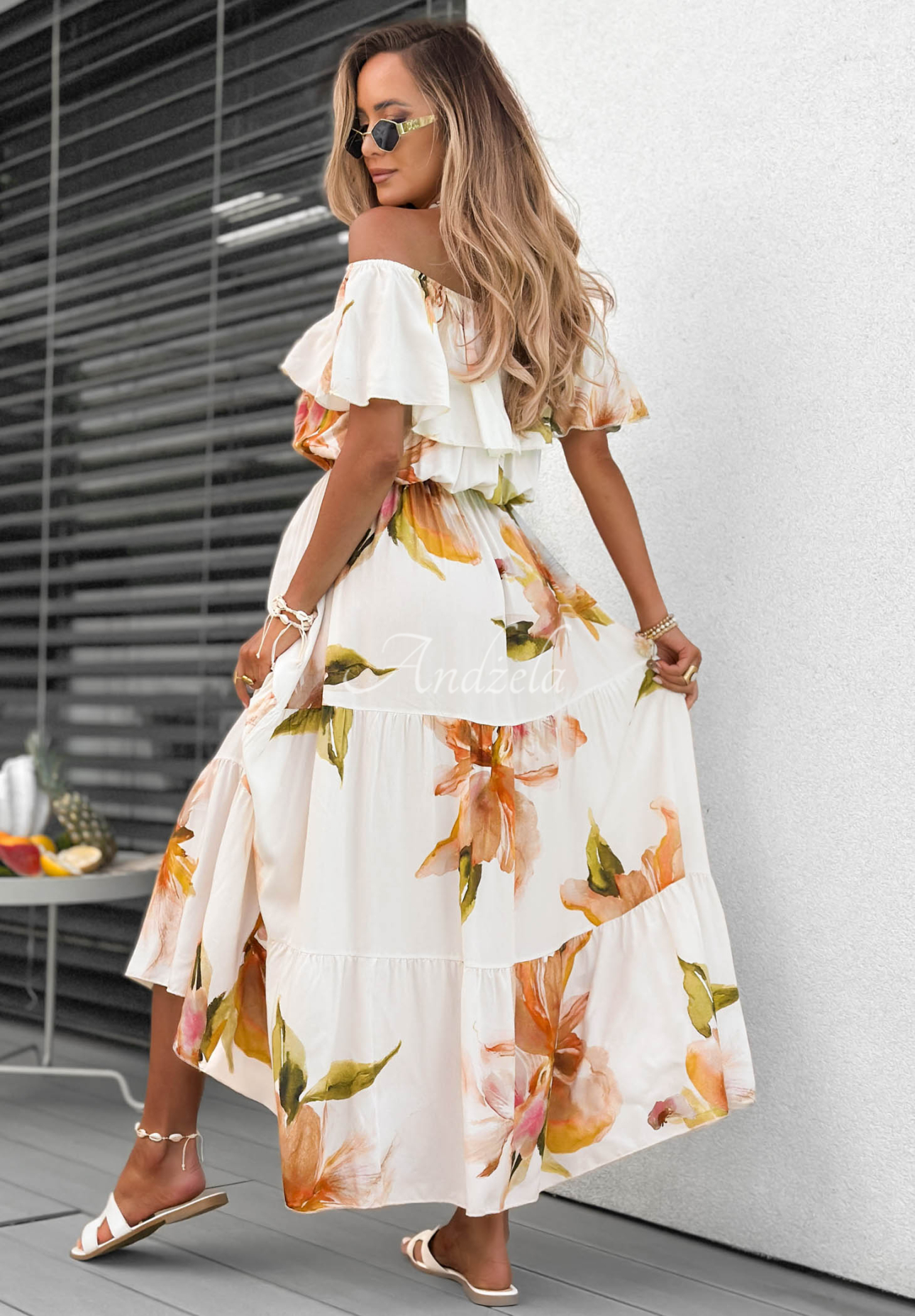 Florissa Light Beige Floral Viscose Off-the-Shoulder Maxi Dress with Ruffles