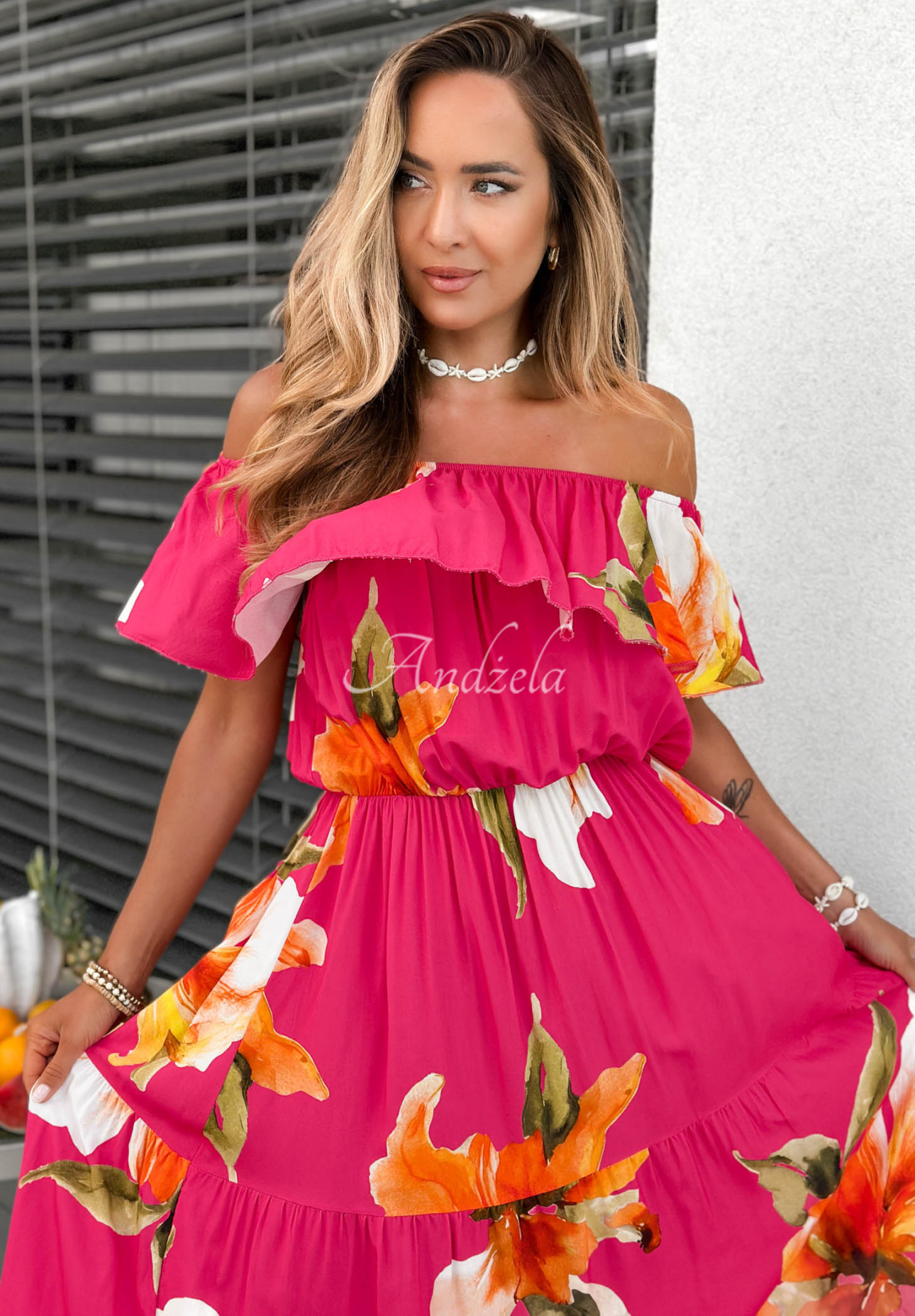 Florissa Fuchsia Viscose Floral Off-the-Shoulder Maxi Dress with Ruffles