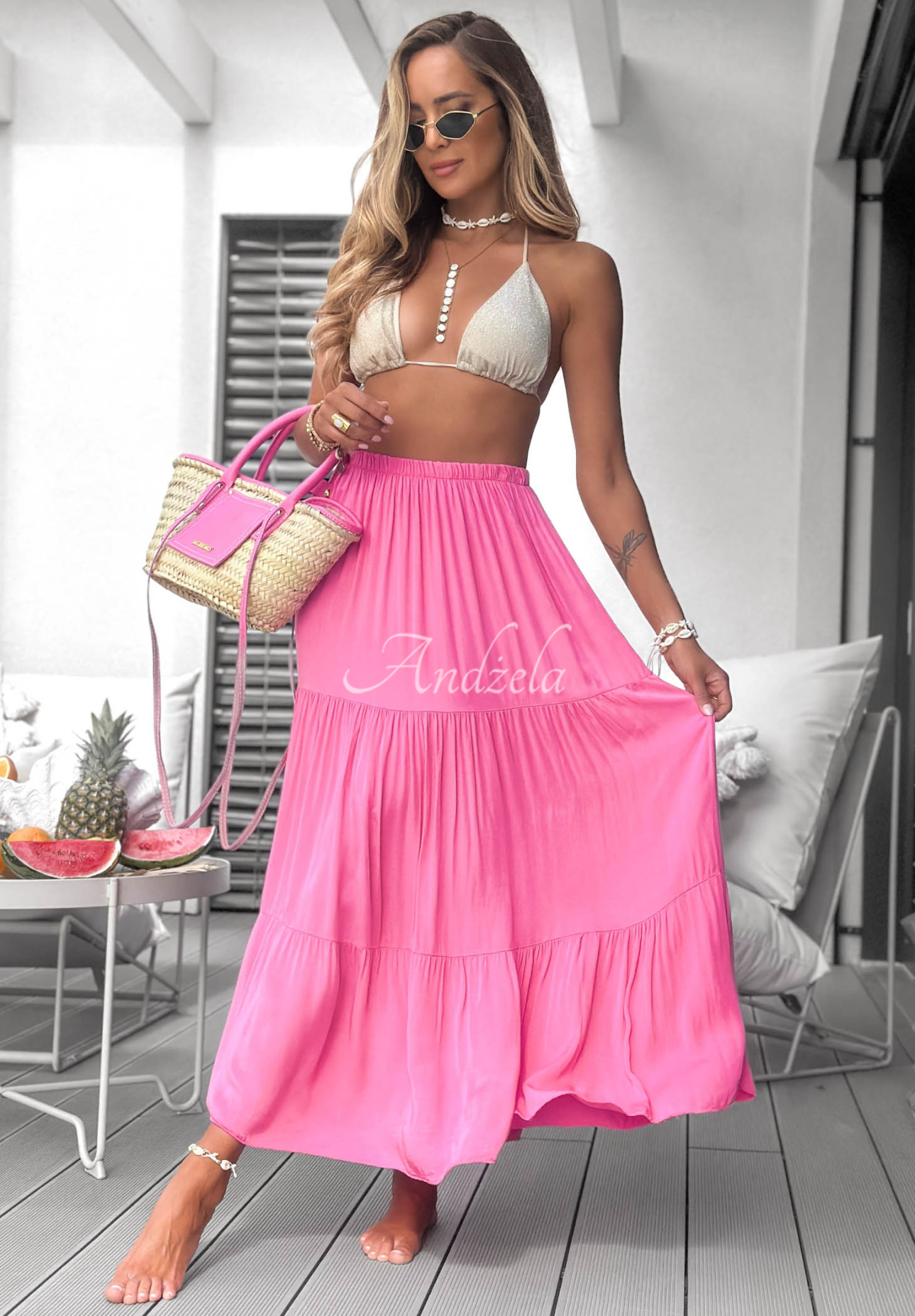 Ocean Escape Pink Viscose Maxi Skirt with Ruffles