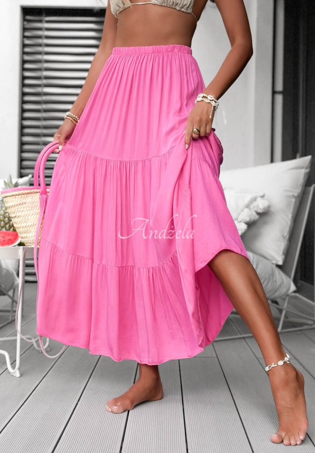 Ocean Escape Pink Viscose Maxi Skirt with Ruffles