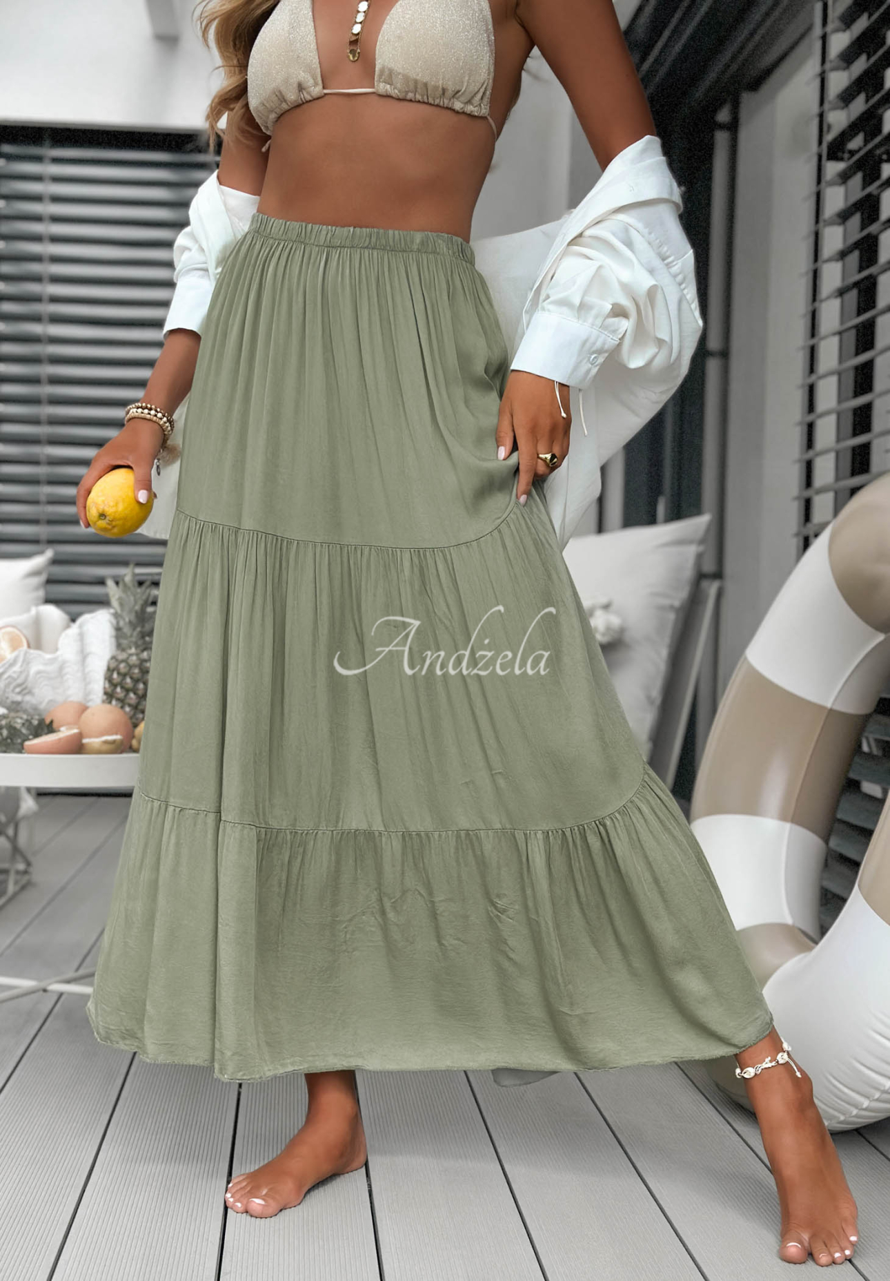 Ocean Escape khaki viscose maxi skirt with ruffles