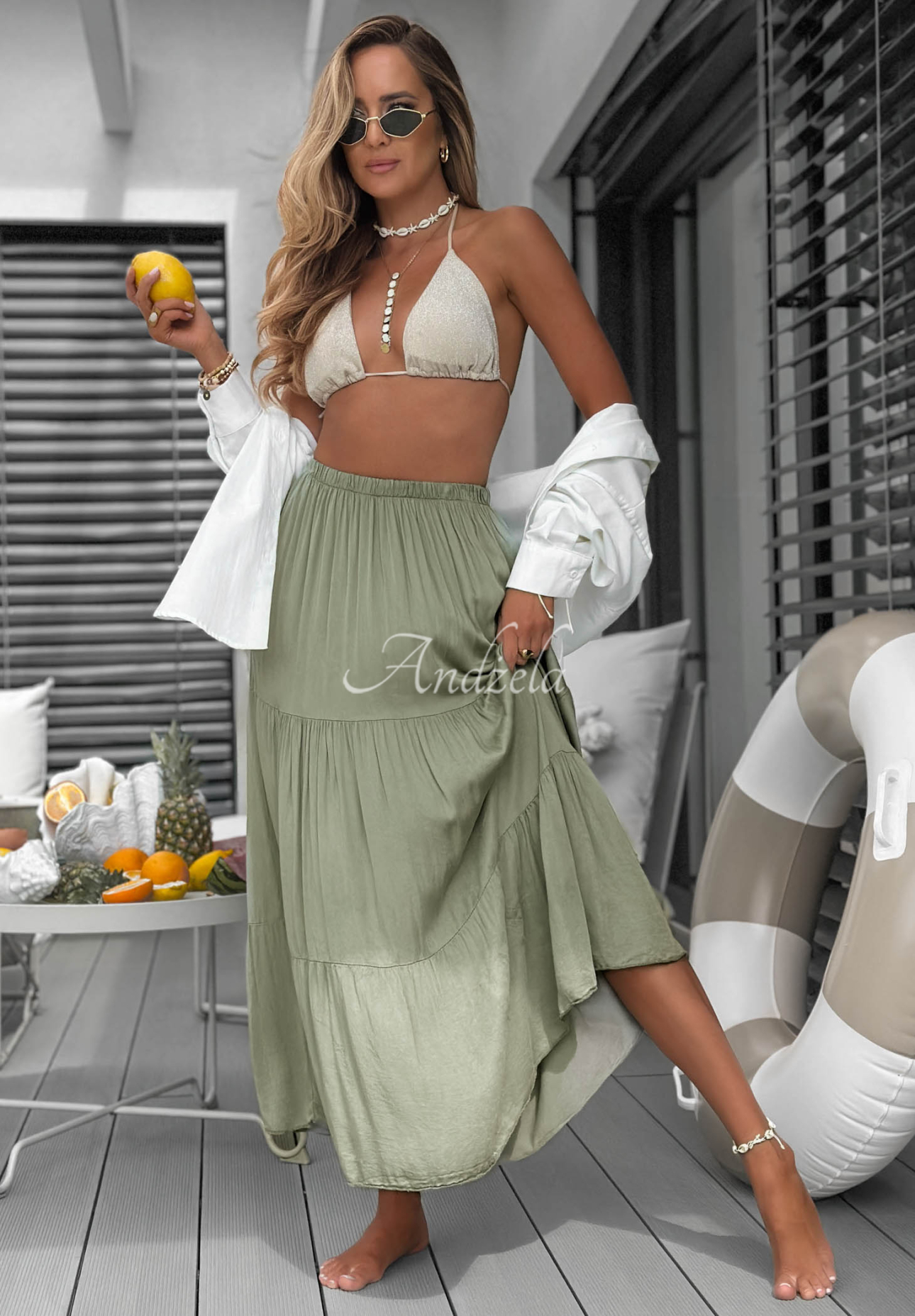 Wiskozowa spódnica maxi z falbankami Ocean Escape khaki