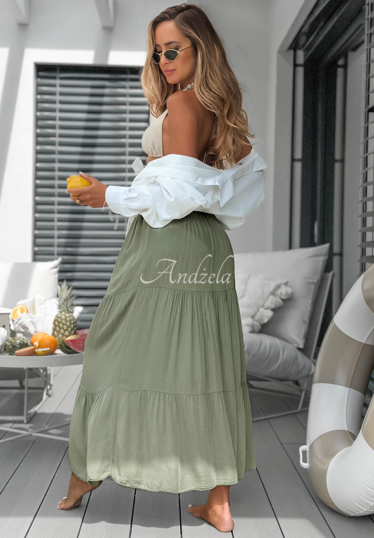 Wiskozowa spódnica maxi z falbankami Ocean Escape khaki