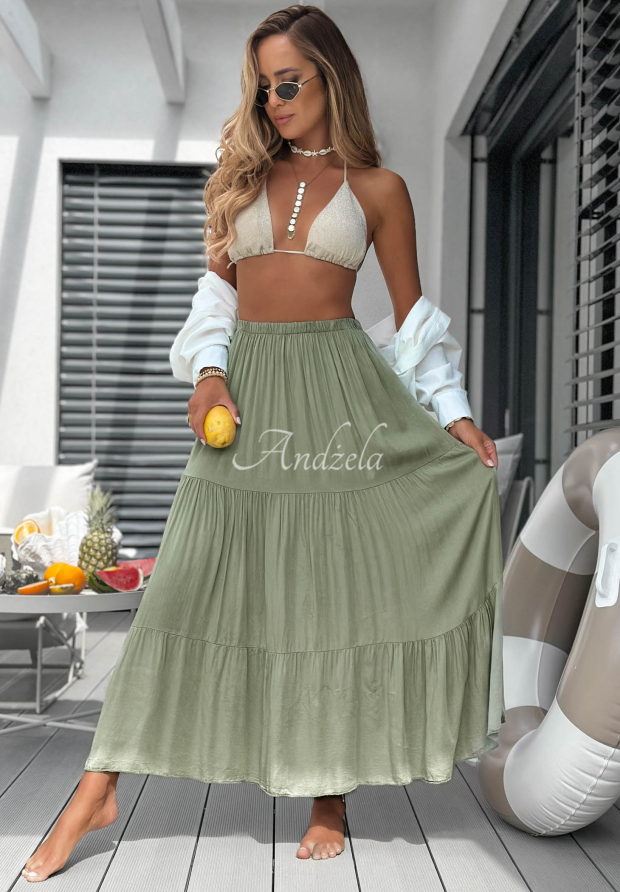 Wiskozowa sp&oacute;dnica maxi z falbankami Ocean Escape khaki