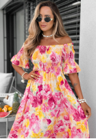 Kwiecista sukienka hiszpanka maxi z falbankami Bloom Coast pomarańczowo-różowa