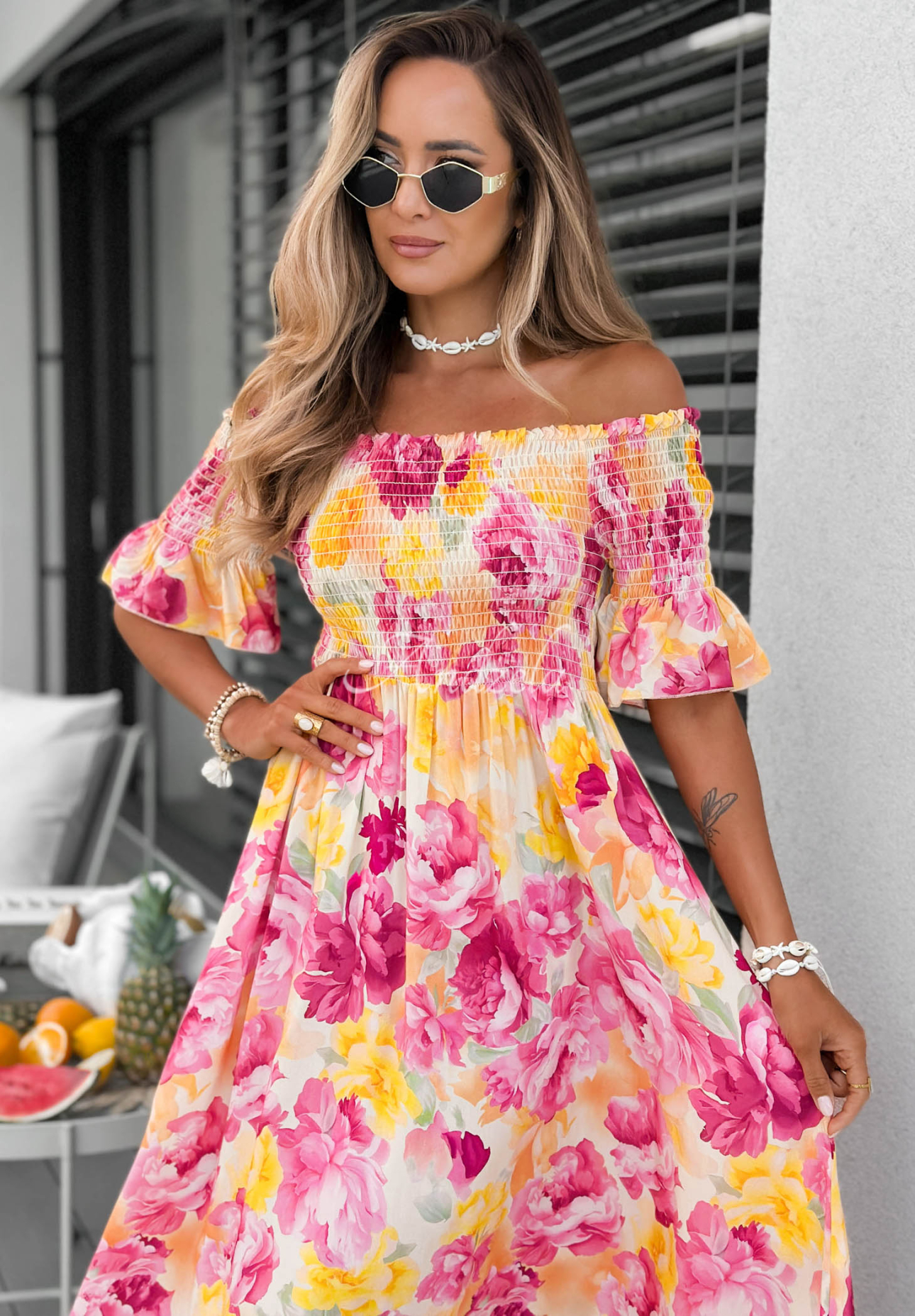 Bloom Coast Orange and Pink Floral Viscose Off-the-Shoulder Maxi Dress with Ruffles