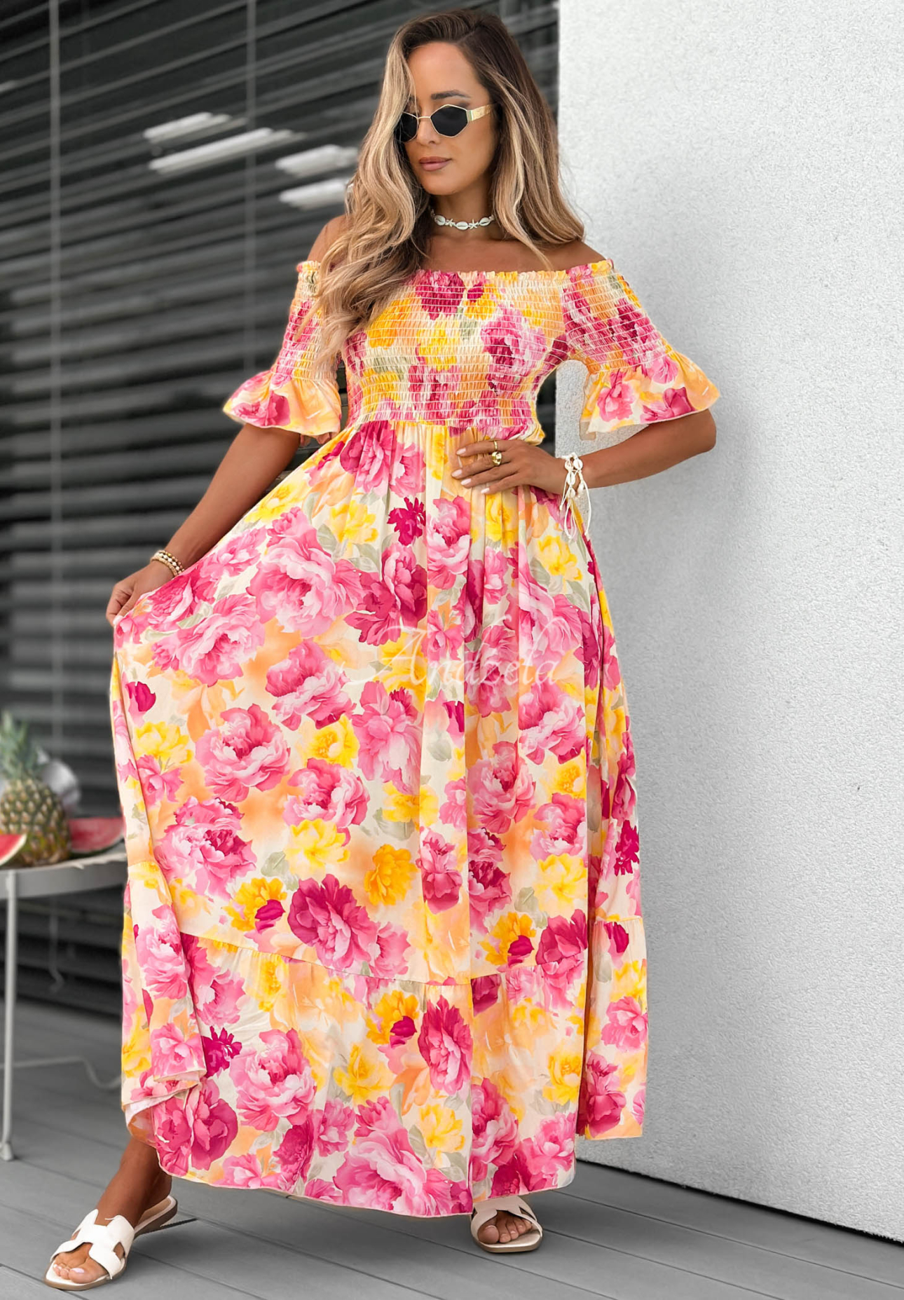 Bloom Coast Orange and Pink Floral Viscose Off-the-Shoulder Maxi Dress with Ruffles