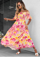 Kwiecista sukienka hiszpanka maxi z falbankami Bloom Coast pomarańczowo-różowa
