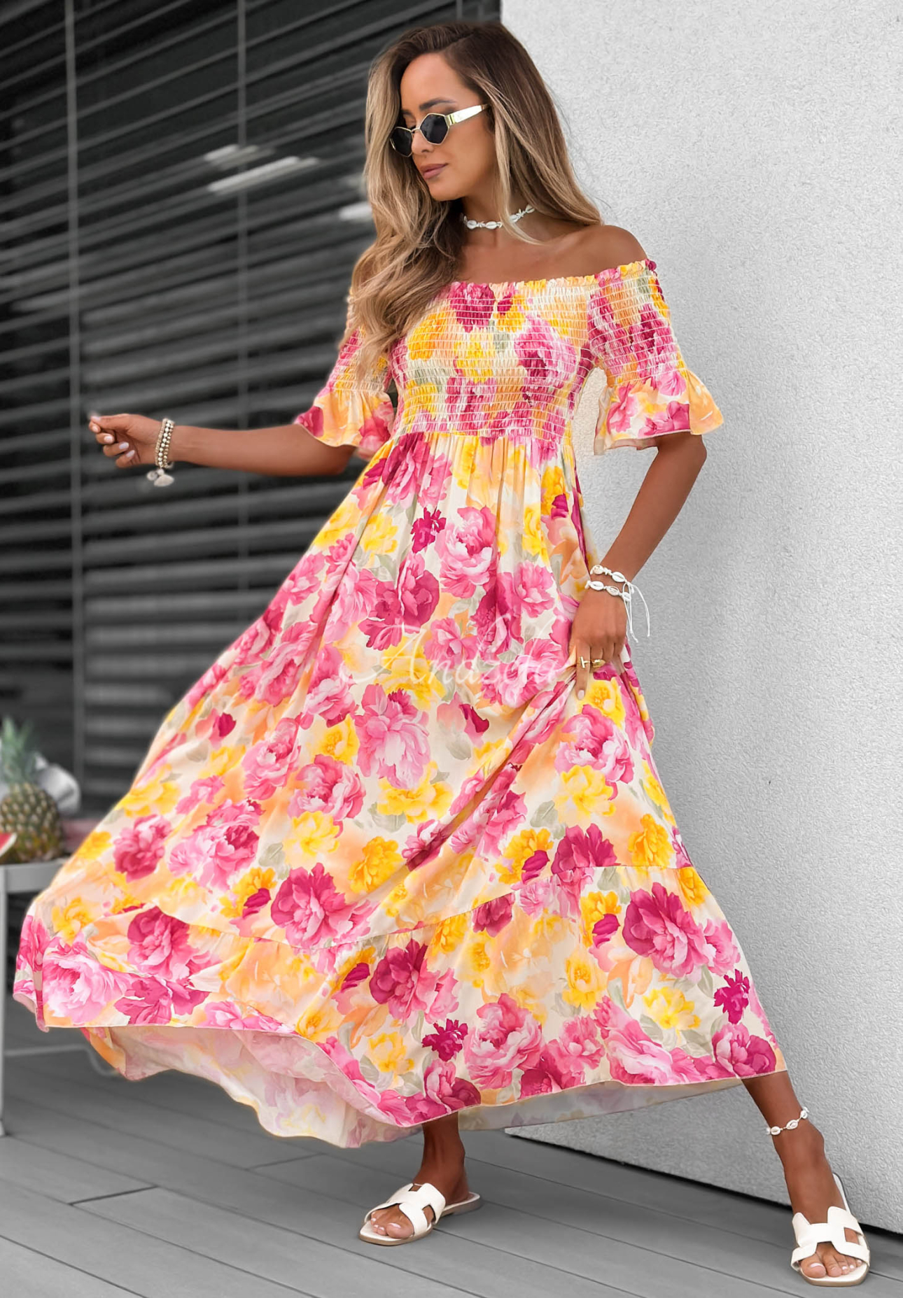 Bloom Coast Orange and Pink Floral Viscose Off-the-Shoulder Maxi Dress with Ruffles