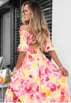 Kwiecista sukienka hiszpanka maxi z falbankami Bloom Coast pomarańczowo-różowa