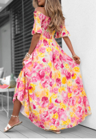Kwiecista sukienka hiszpanka maxi z falbankami Bloom Coast pomarańczowo-różowa