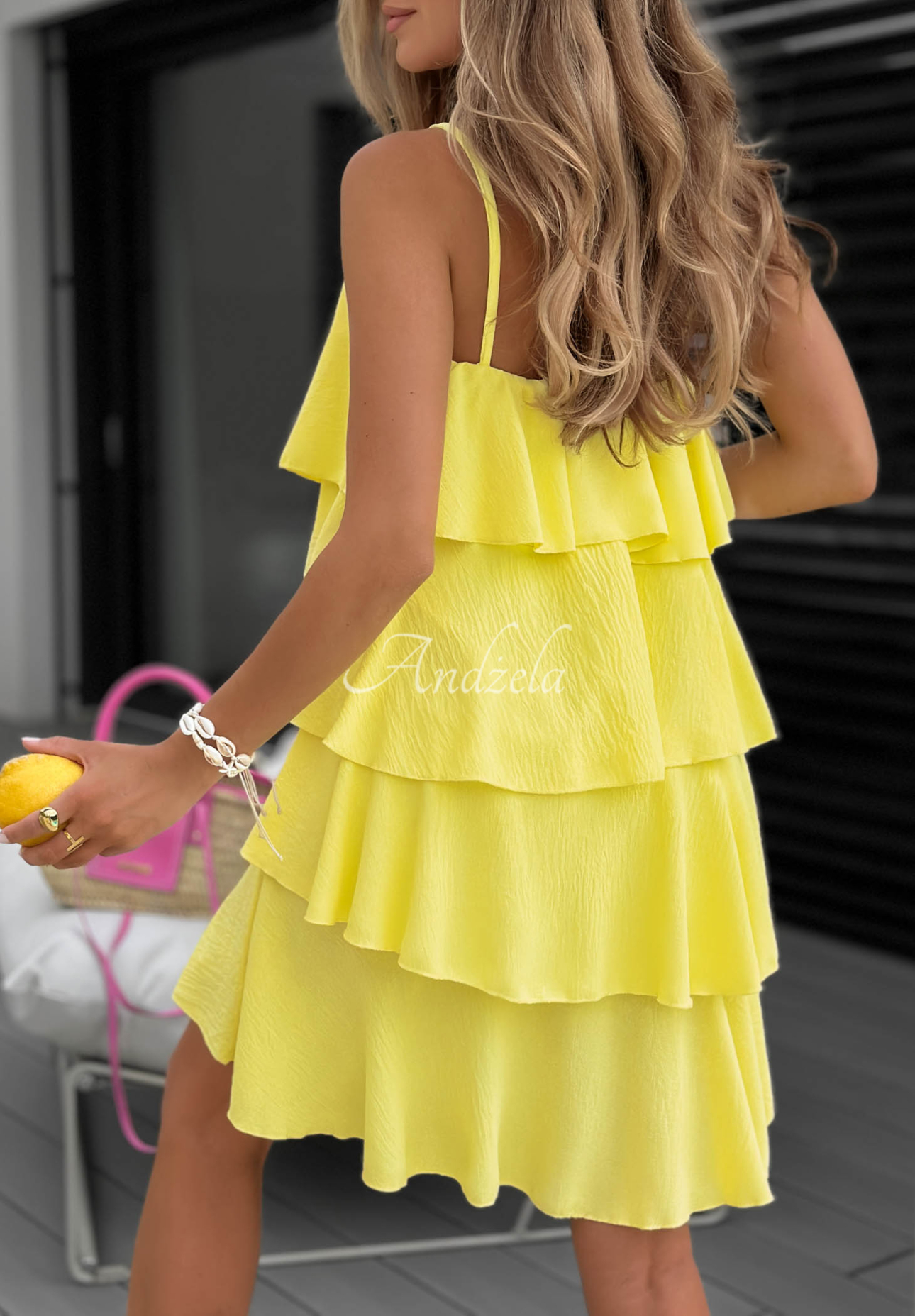Yellow Sun Kiss viscose mini dress with spaghetti straps and ruffles