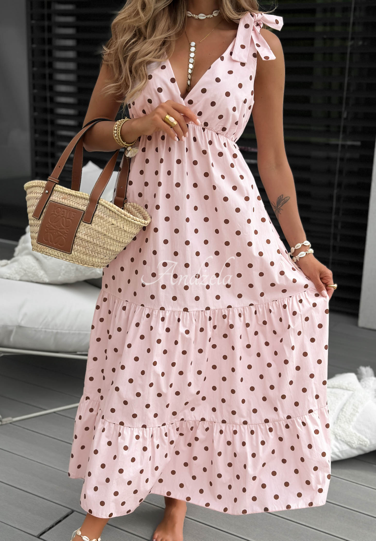 Bawełniana sukienka w groszki Girly Dots pudrowy róż