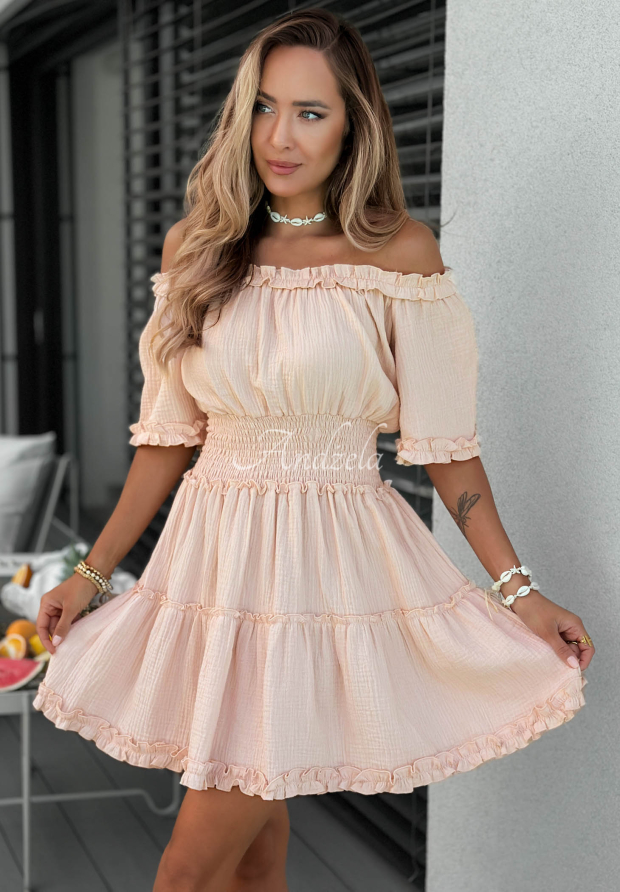 Soft Walk Beige Cotton Off-the-Shoulder Muslin Dress