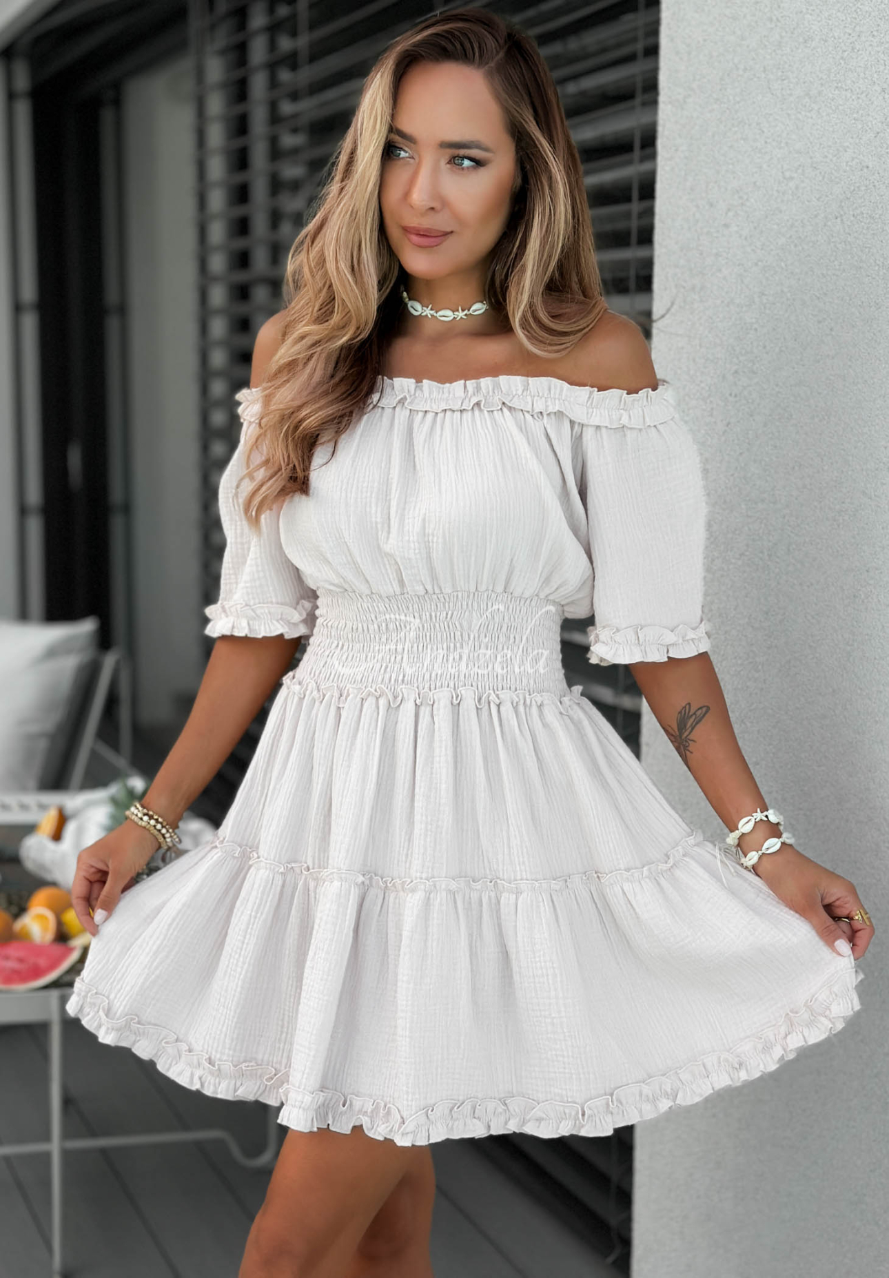 Soft Walk White Cotton Off-the-Shoulder Muslin Dress