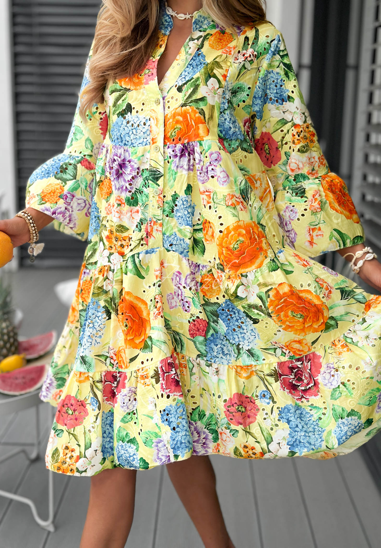 Vanilla Waves Yellow Openwork Floral Cotton Dress