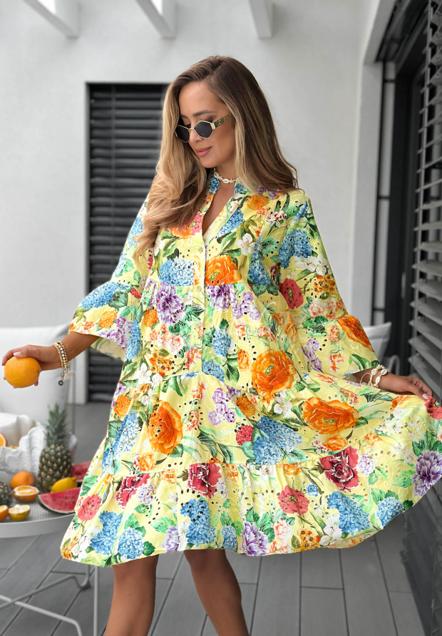 Vanilla Waves Yellow Openwork Floral Cotton Dress