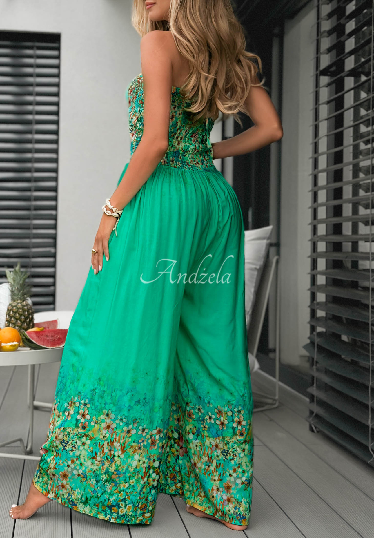 Long, strapless viscose jumpsuit with a floral print in Sunset Sorbet turquoise