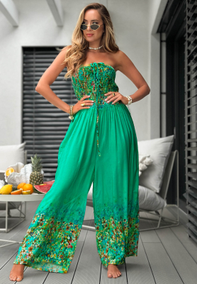 Long, strapless viscose jumpsuit with a floral print in Sunset Sorbet turquoise