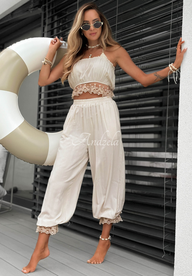 Komplet top i spodnie z koronką Fresh Lace beżowy