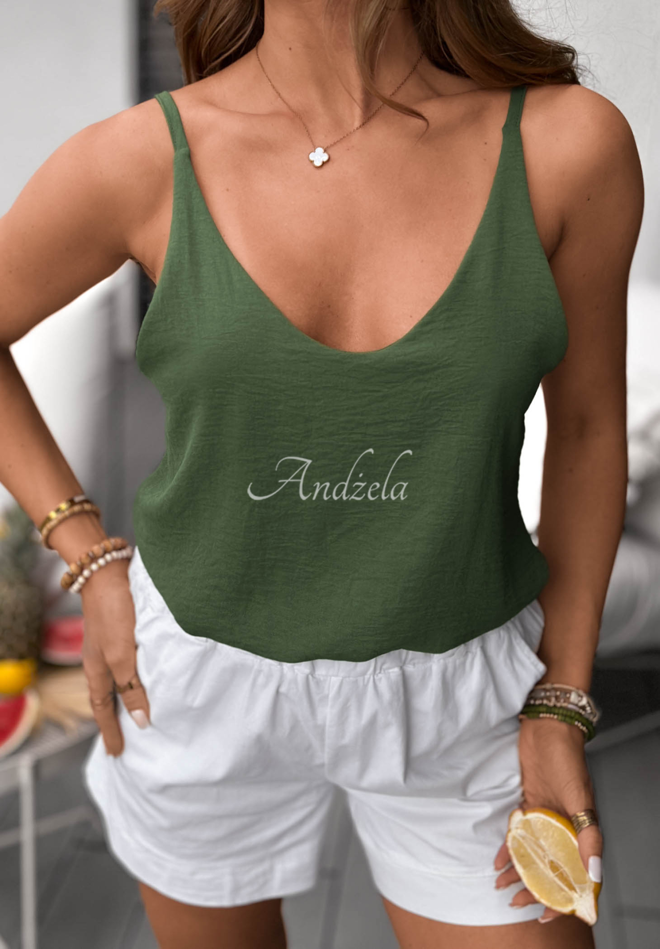 Viscose spaghetti-strap top with a neckline by The Holiday in khaki