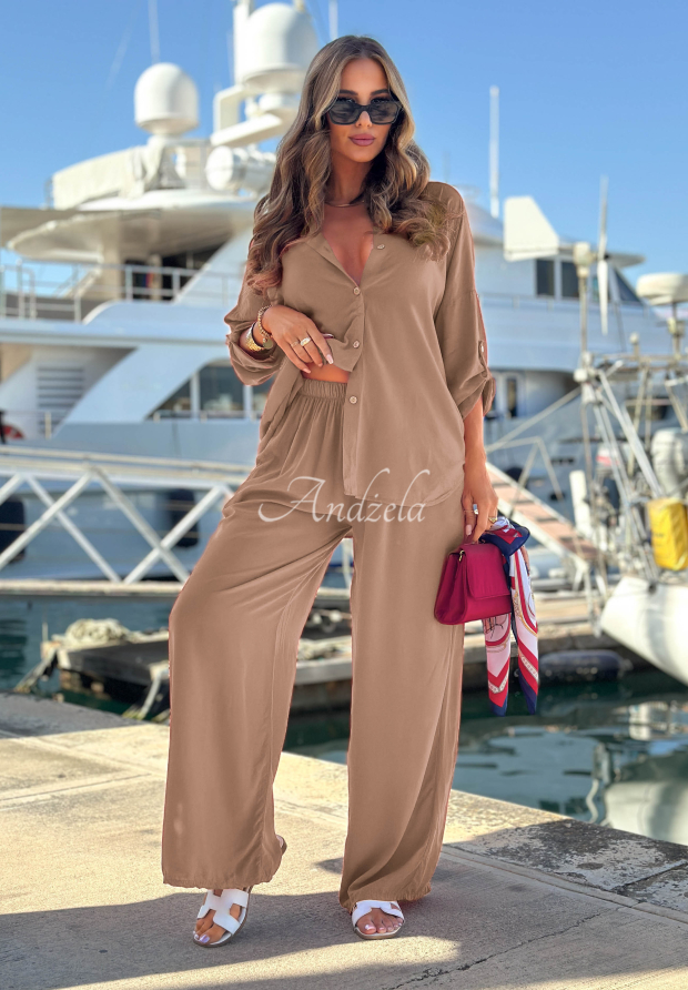 Summer Skies mocha-colored viscose shirt and wide-leg pants set