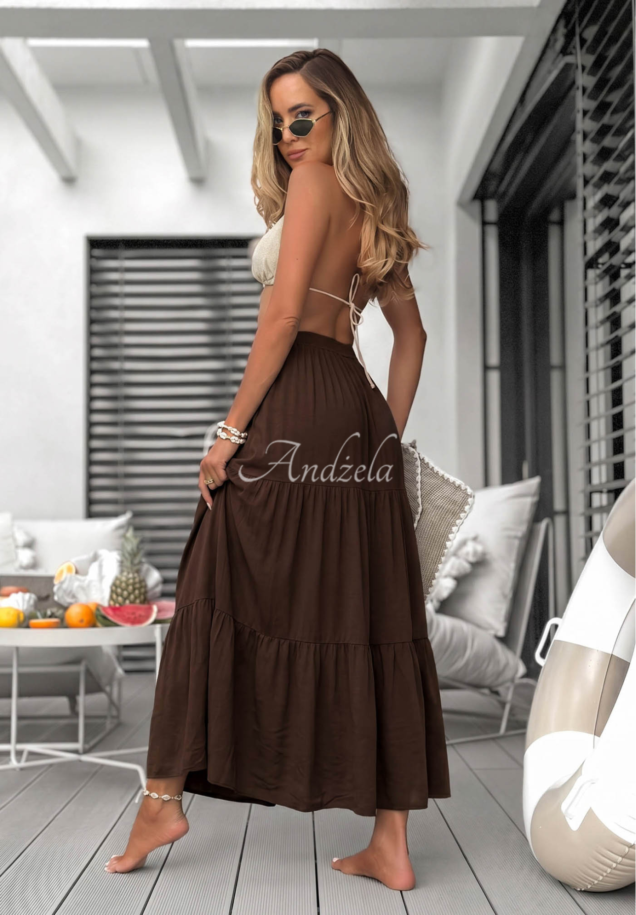 Ocean Escape Chocolate-Colored Viscose Maxi Skirt with Ruffles