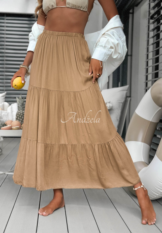 Camel-colored Ocean Escape viscose maxi skirt with ruffles