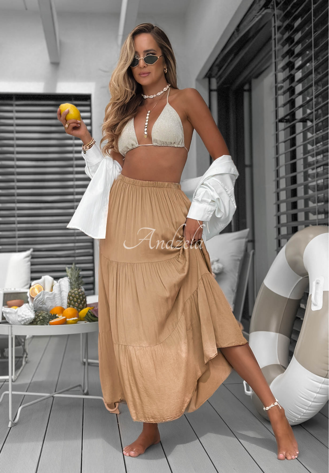Camel-colored Ocean Escape viscose maxi skirt with ruffles