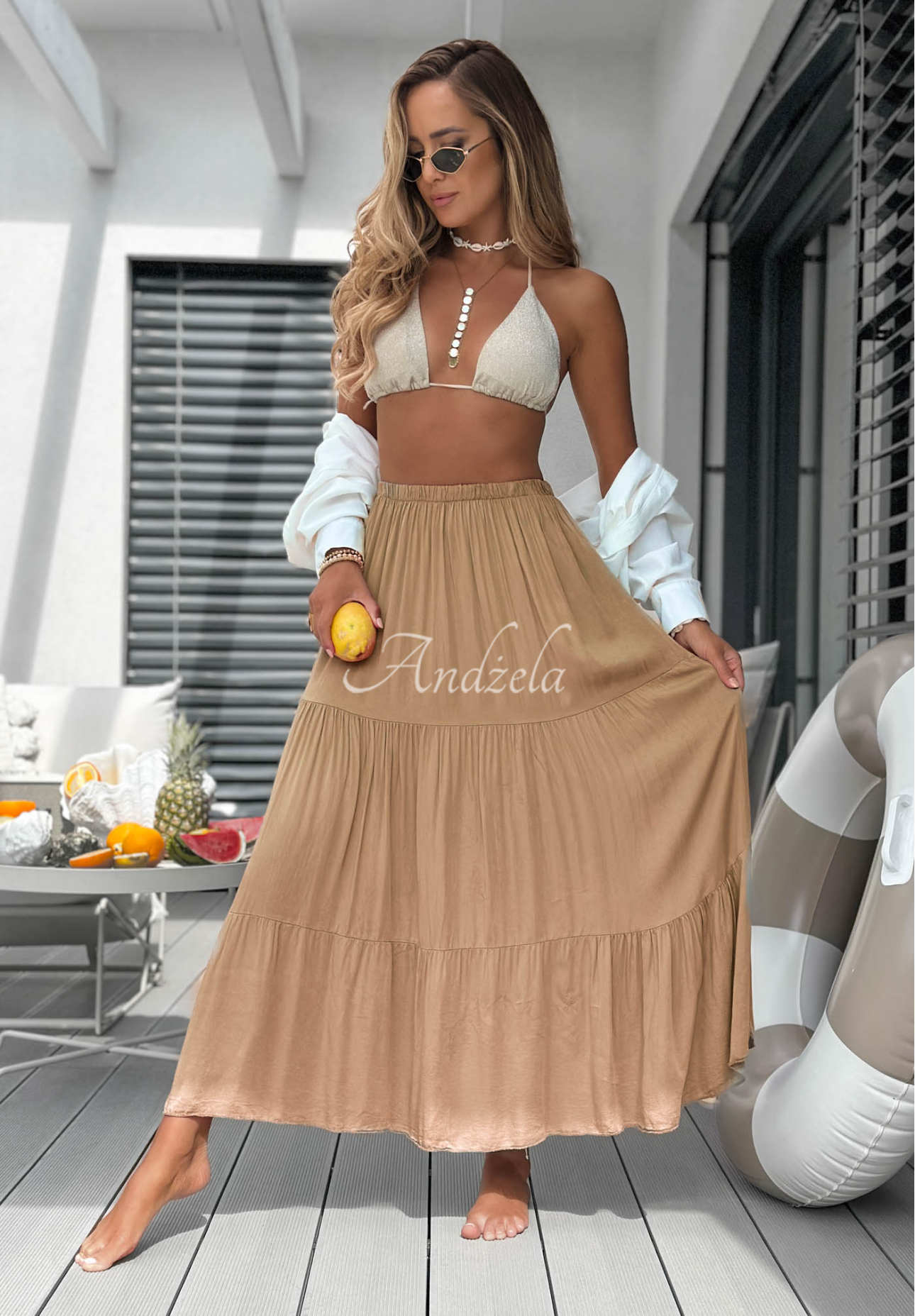 Camel-colored Ocean Escape viscose maxi skirt with ruffles