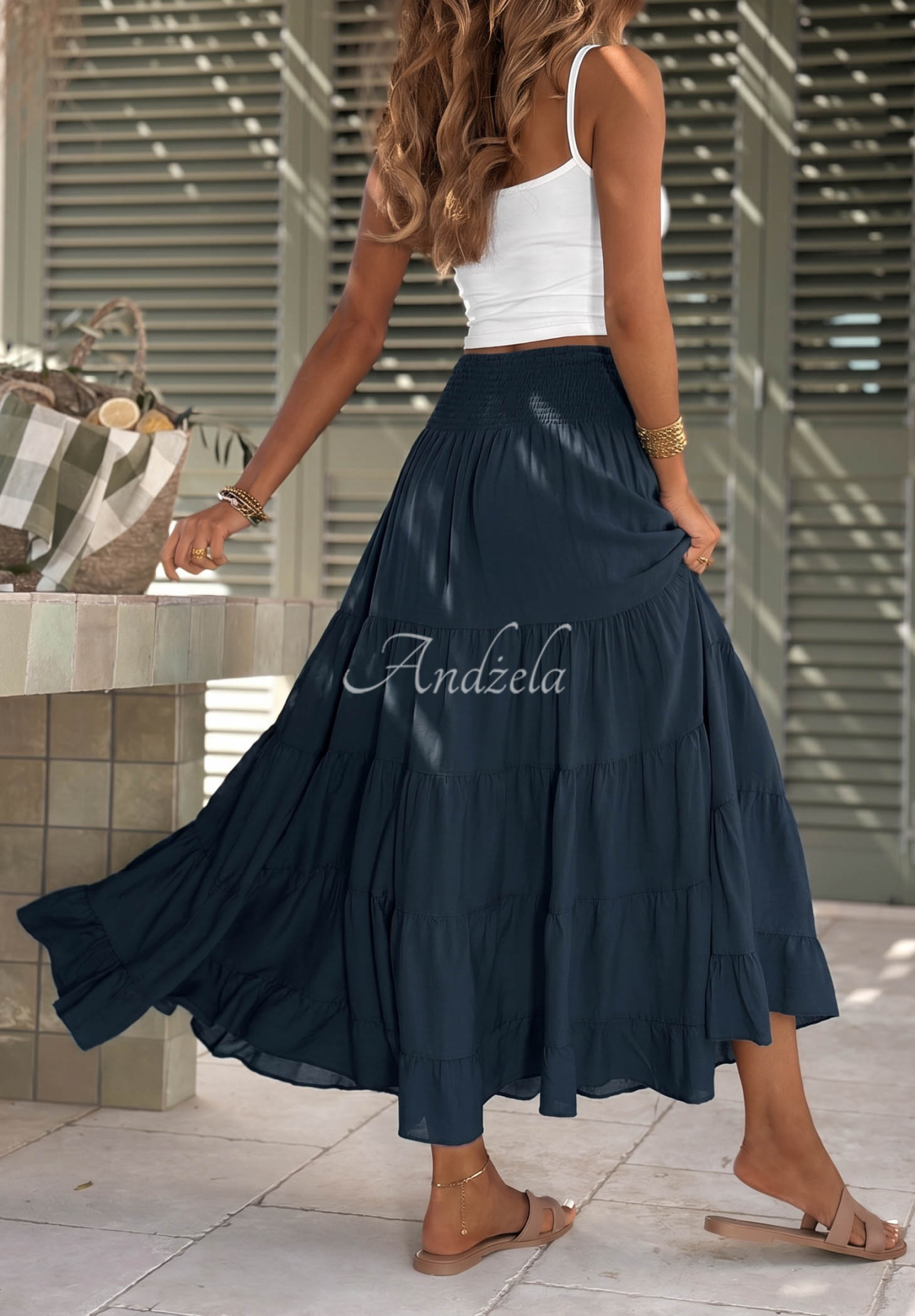 Pretty Estrella Navy Blue Cotton Maxi Skirt with Ruffles