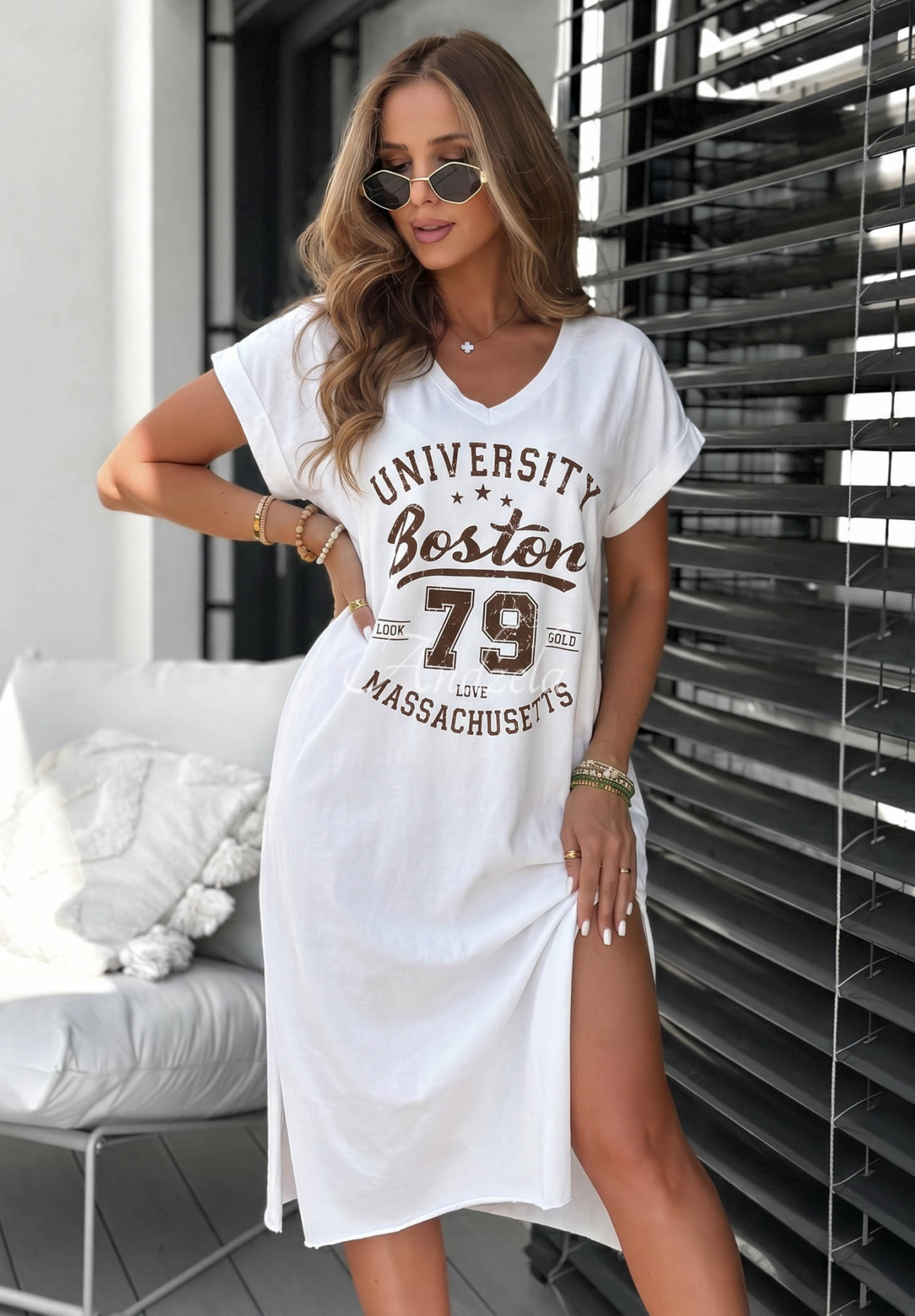 White cotton midi dress with a Boston University print