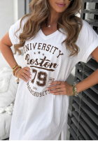 Bawełniana sukienka midi z nadrukiem Boston University camelowa
