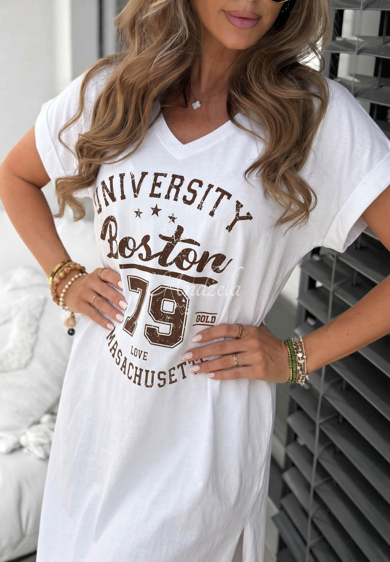 White cotton midi dress with a Boston University print