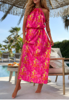 Wzorzysta sukienka maxi z wiskozą Sunset Moana różowo-żółta