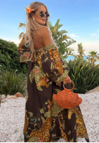Wzorzysta sukienka maxi Safari Voyage czekoladowa
