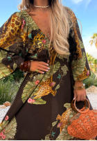 Wzorzysta sukienka maxi Safari Voyage czekoladowa