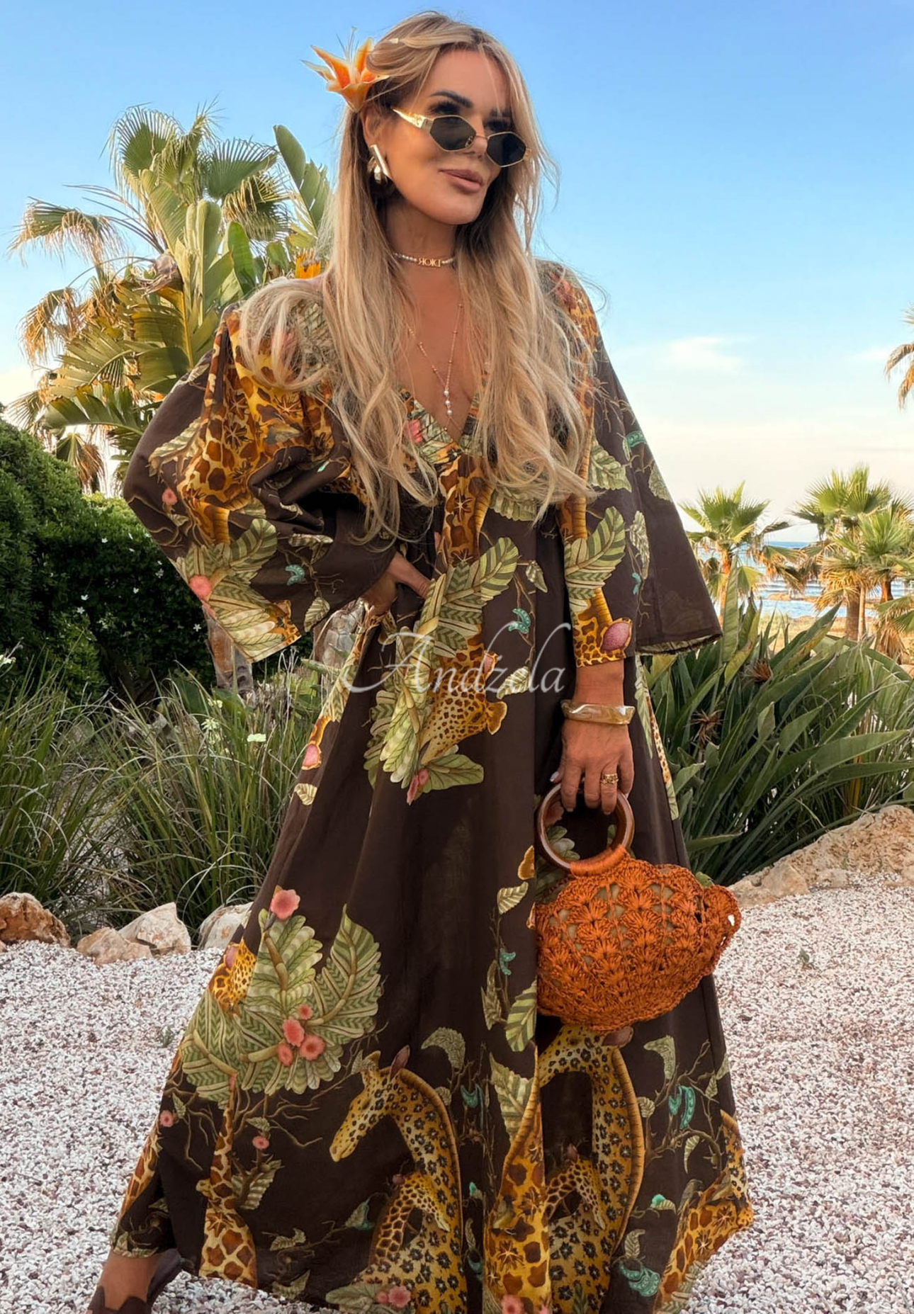 Safari Voyage Chocolate-Colored Patterned Cotton Maxi Dress