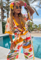 Wzorzysty komplet koszula i spodnie wide leg Aloha Paradise biało-żółty