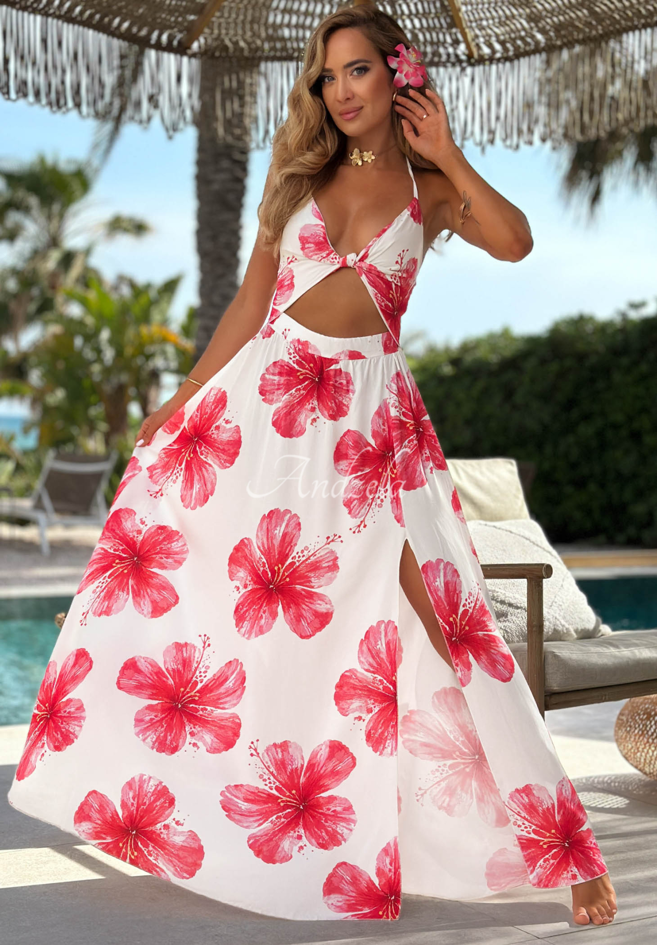 White and pink Hawaii Hibiscus floral viscose maxi dress with spaghetti straps