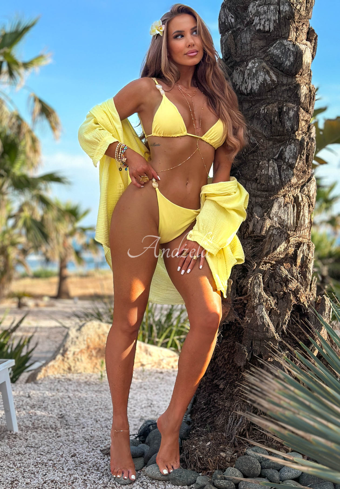 Warm Escape Yellow Two-Piece Rhinestone Swimsuit