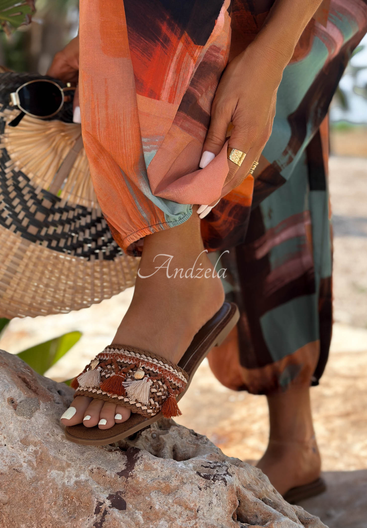 Shay camel-colored woven flip-flops with colorful tassels