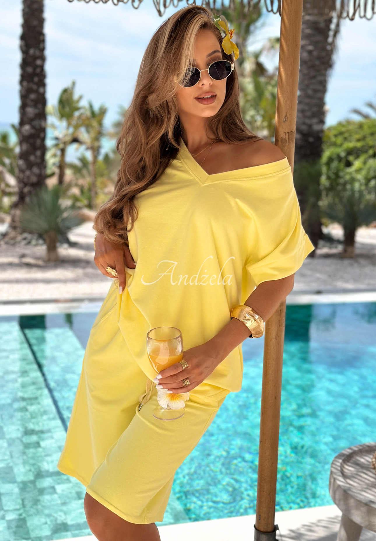 Manella Yellow Cotton Set: V-neck T-shirt and Short Sweatpants