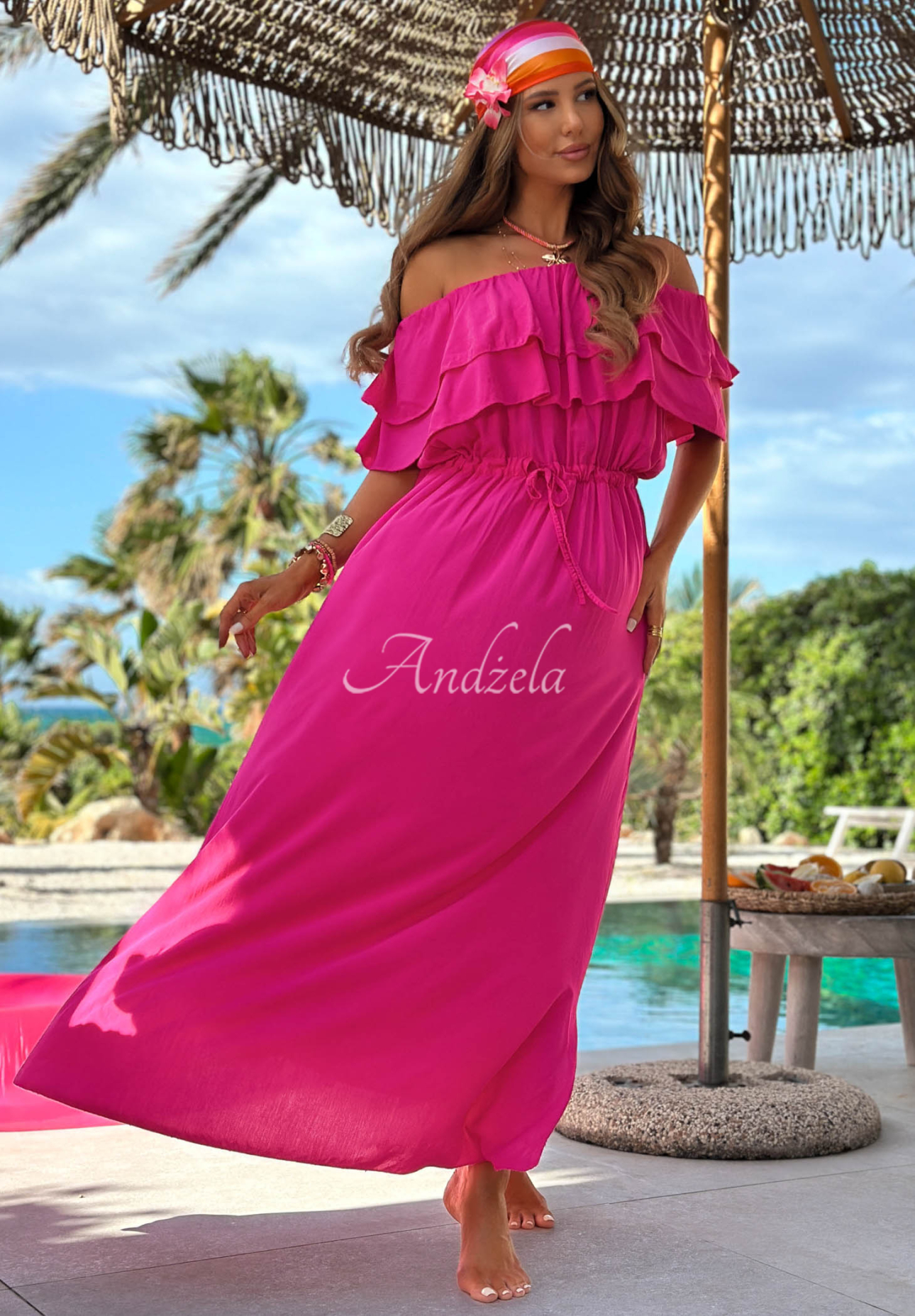 Sunset Diva Fuchsia Viscose Off-the-Shoulder Maxi Dress with Ruffles