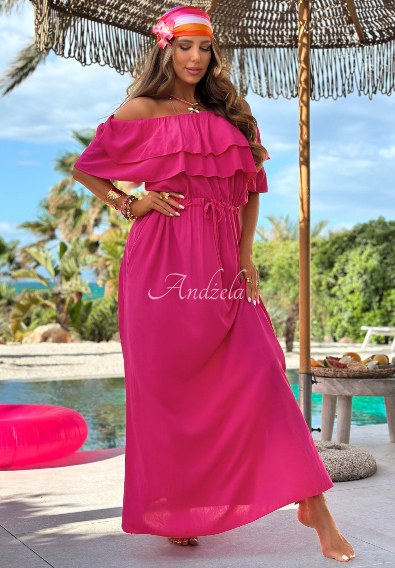 Sunset Diva Fuchsia Viscose Off-the-Shoulder Maxi Dress with Ruffles