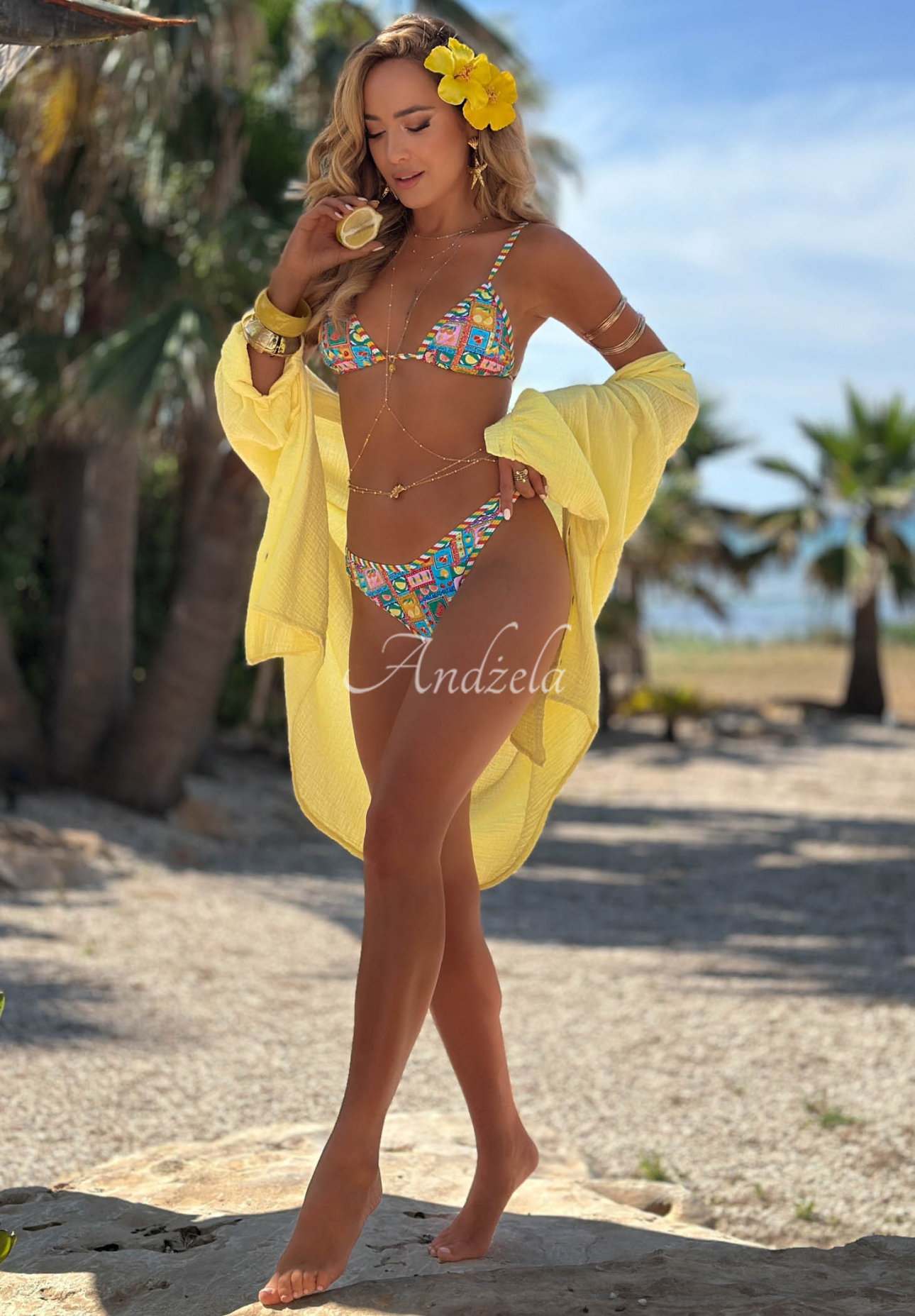 Two-piece bikini swimsuit in the Colorful Shells pattern, green and blue