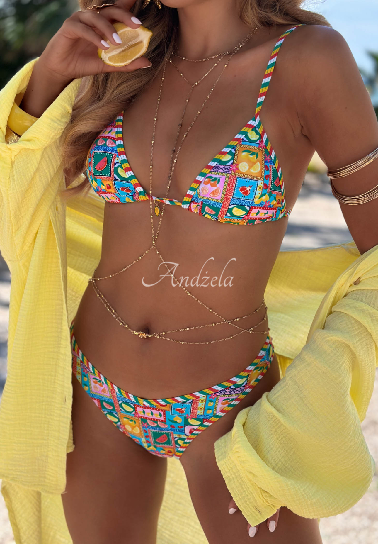 Two-piece bikini swimsuit in the Colorful Shells pattern, green and blue